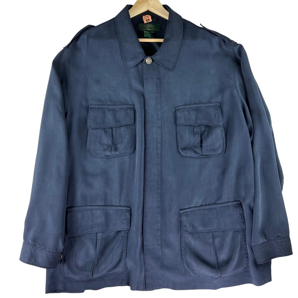 Orvis Safari Field Jacket Men XXL Navy Blue 100% Silk Utility Cargo Hunting